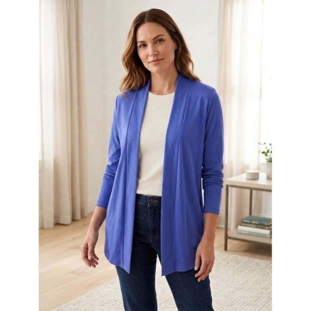 L.L. Bean Blue Supima Cotton Open Front Cardigan M Minimalist Elevated Layer